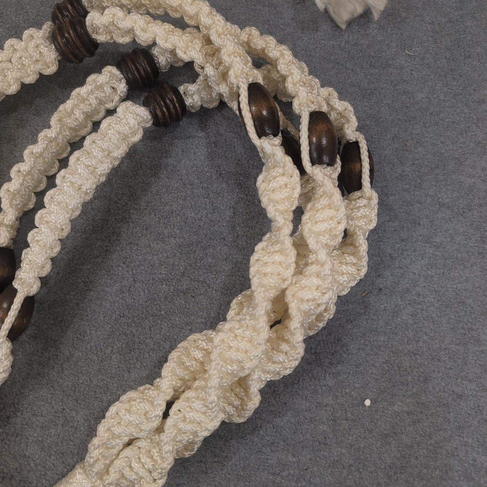 Vintage Macrame Large Plant Hanger Off White Braided Cord Wood Beads Boho 66" - Picture 3 of 5